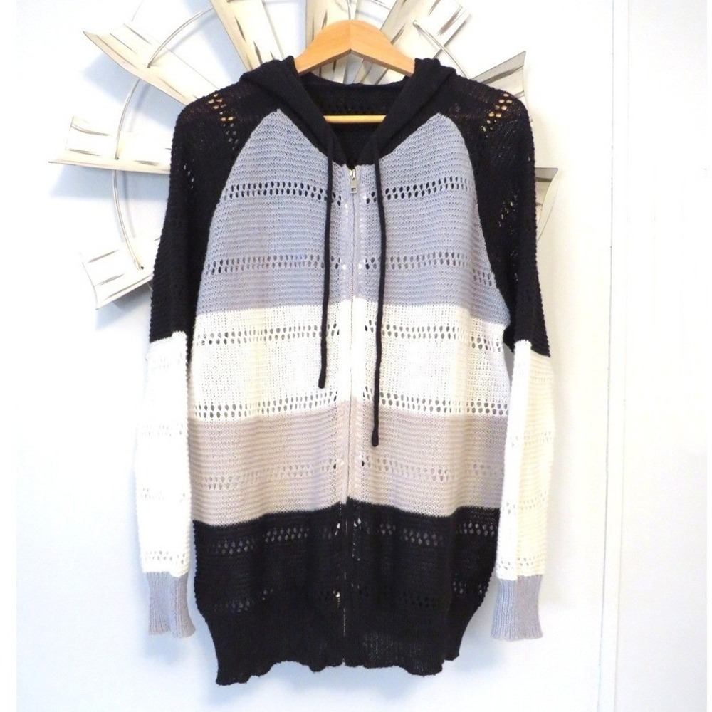 Shein Curve 3XL‎ Hooded Open Zip Knit Cozy Cardigan Colorblock Sweater